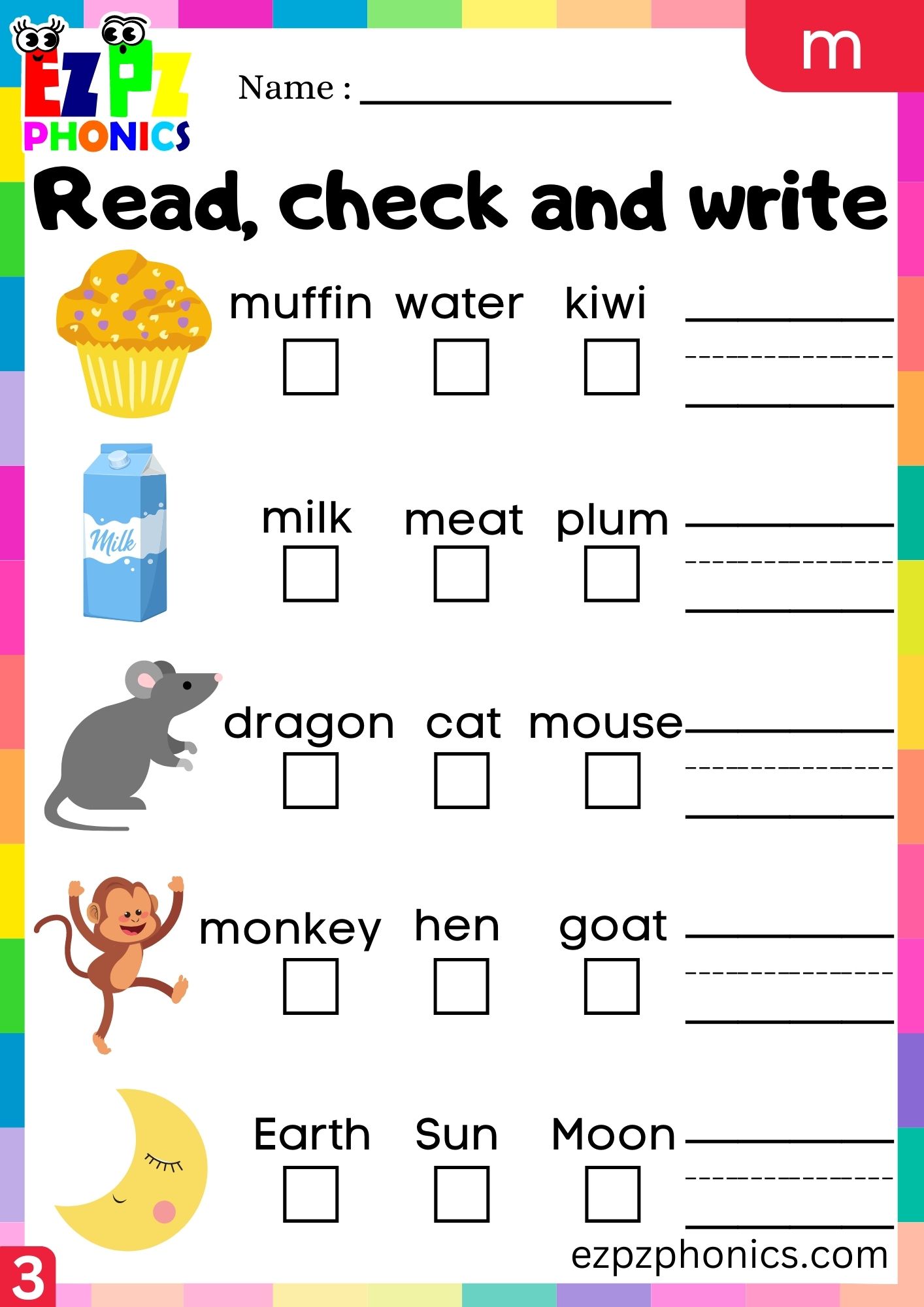 Letter m Read Check and Write the Words Phonics Activity Group 3